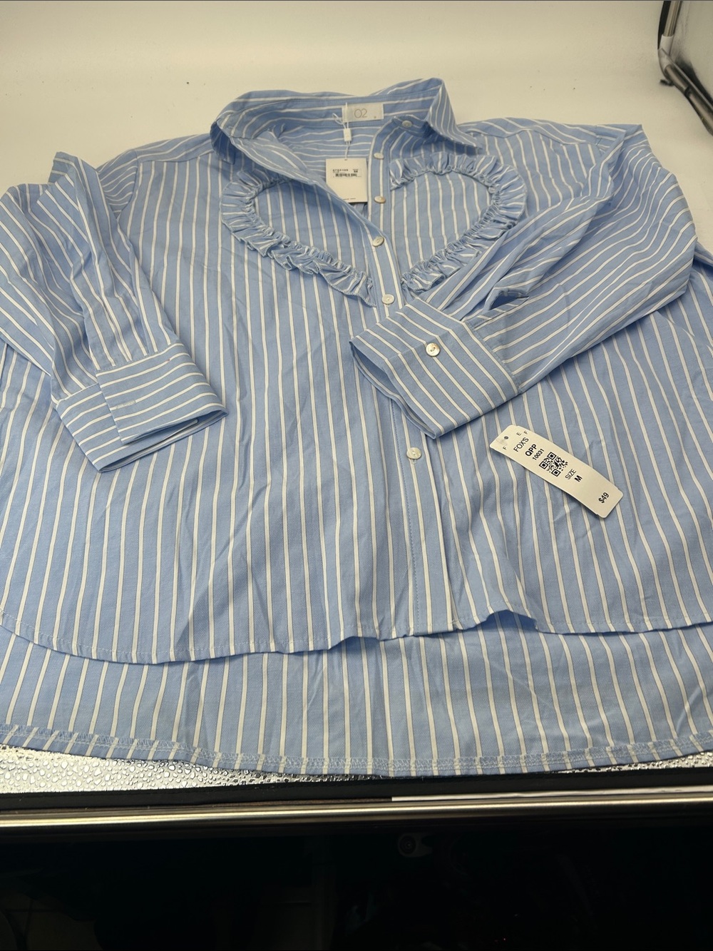 Q2 Sky Blue and White Striped Ruffle V-Neck Button-Down Shirt
